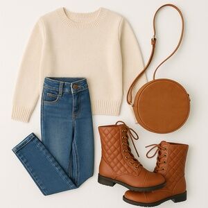 Quilted Combat Boots – Brown Faux Leather, Size 4 girls